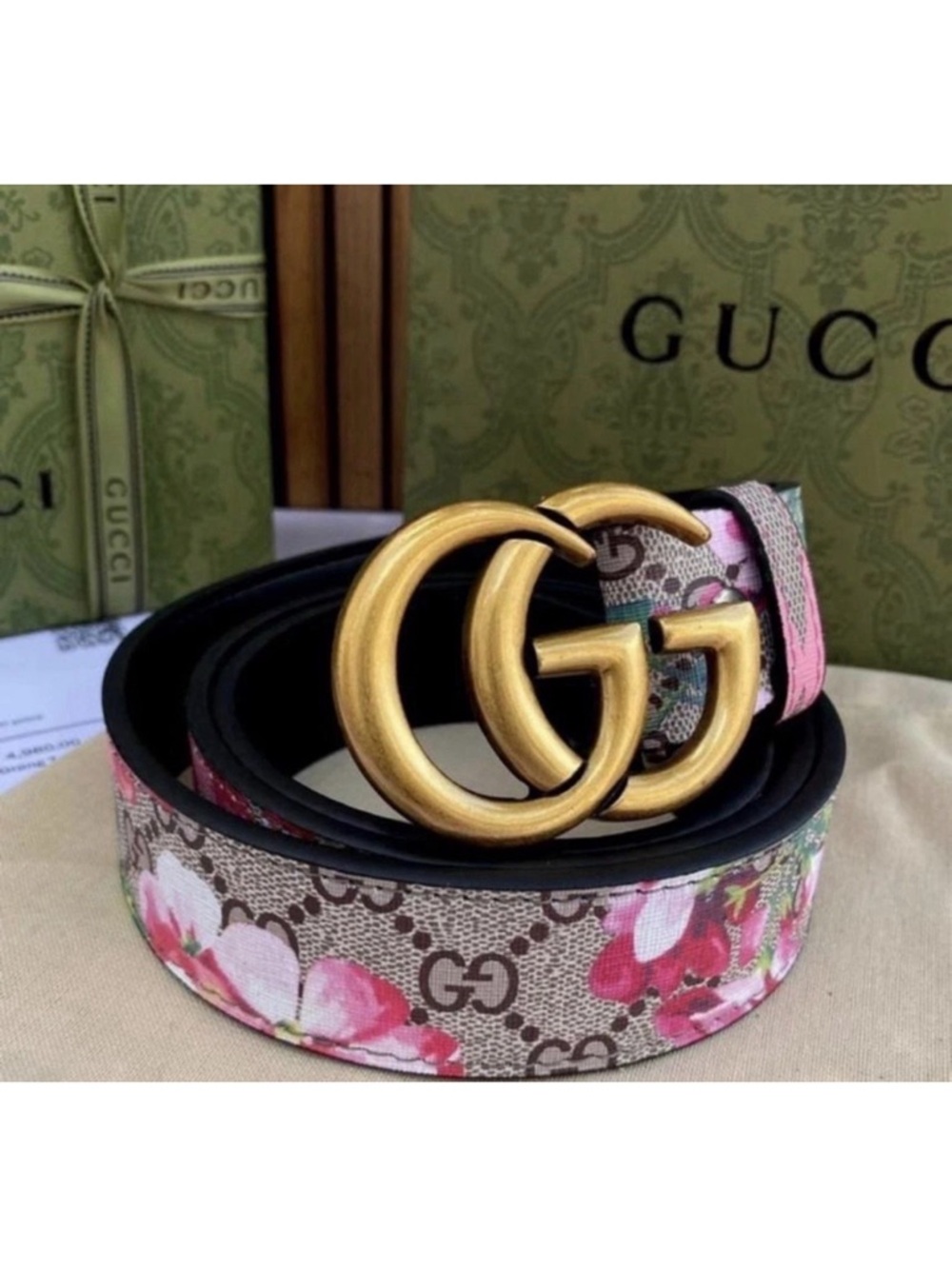 Gucci GG Floral Monogram Belt with Gold Buckle and Pink Accents